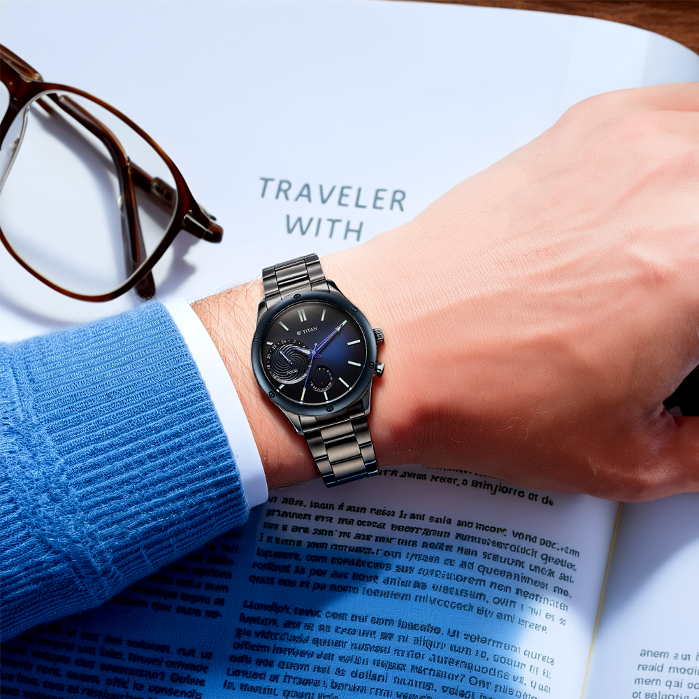 Titan Stellar Quartz Multifunction Blue Dial Stainless Steel Strap Watch for Men