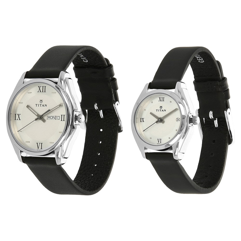 Titan Analog with Day and Date Silver Dial Leather Strap watch for Couple