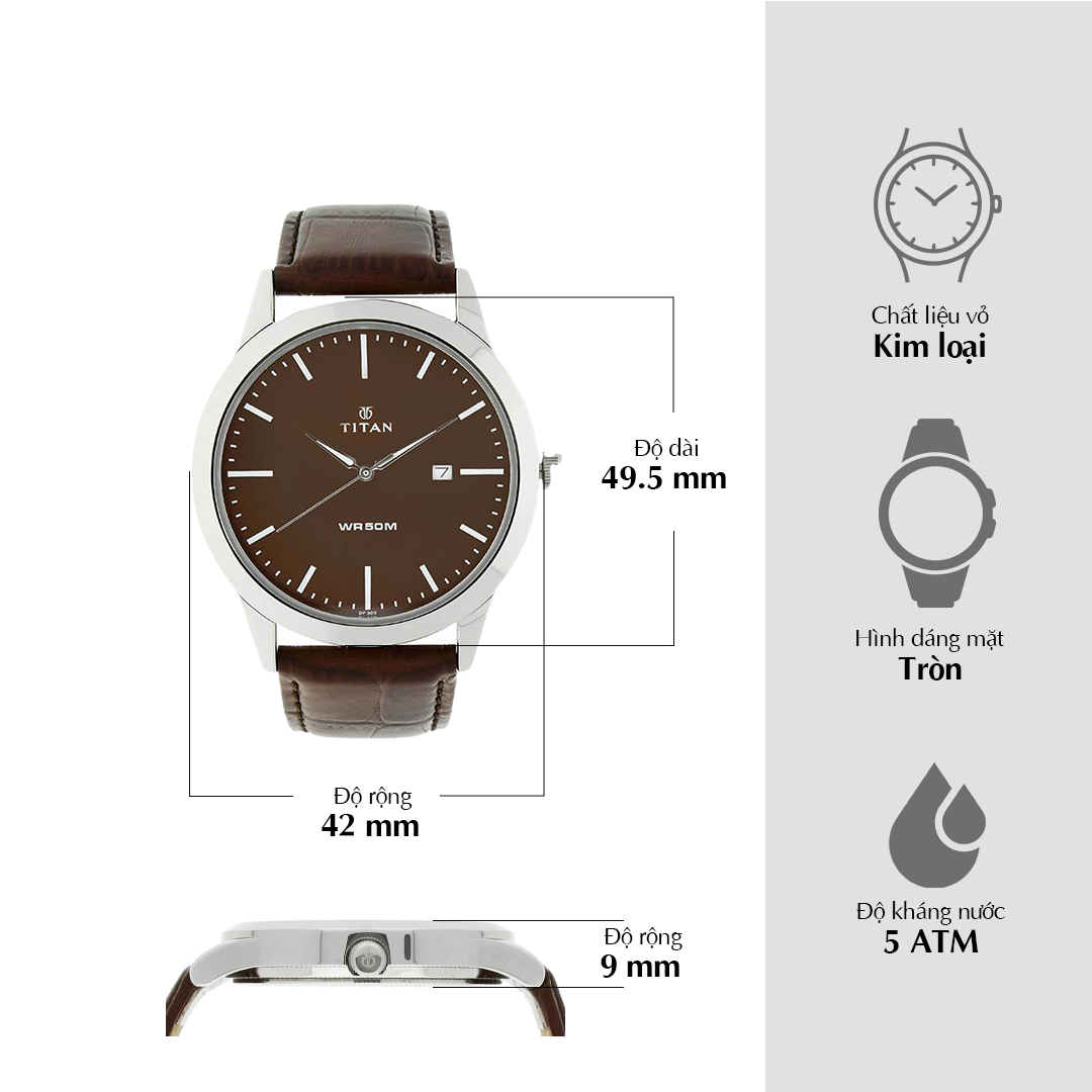 Đồng hồ Titan Quartz Analog có ngày tháng, mặt số màu nâu, dây đeo bằng da dành cho nam