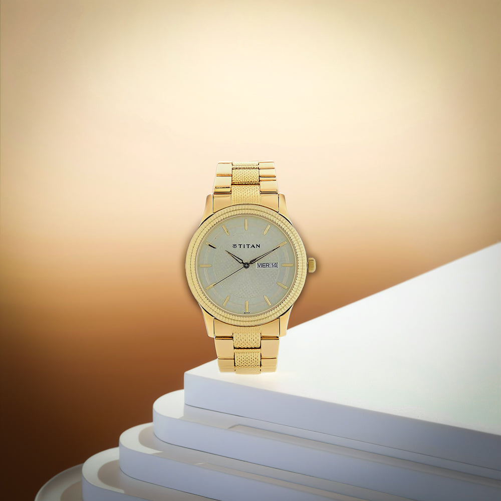 Đồng hồ Titan Analog có ngày và thứ, mặt số màu sâm panh, dây đeo bằng thép không gỉ tròn bằng kim loại dành cho nam