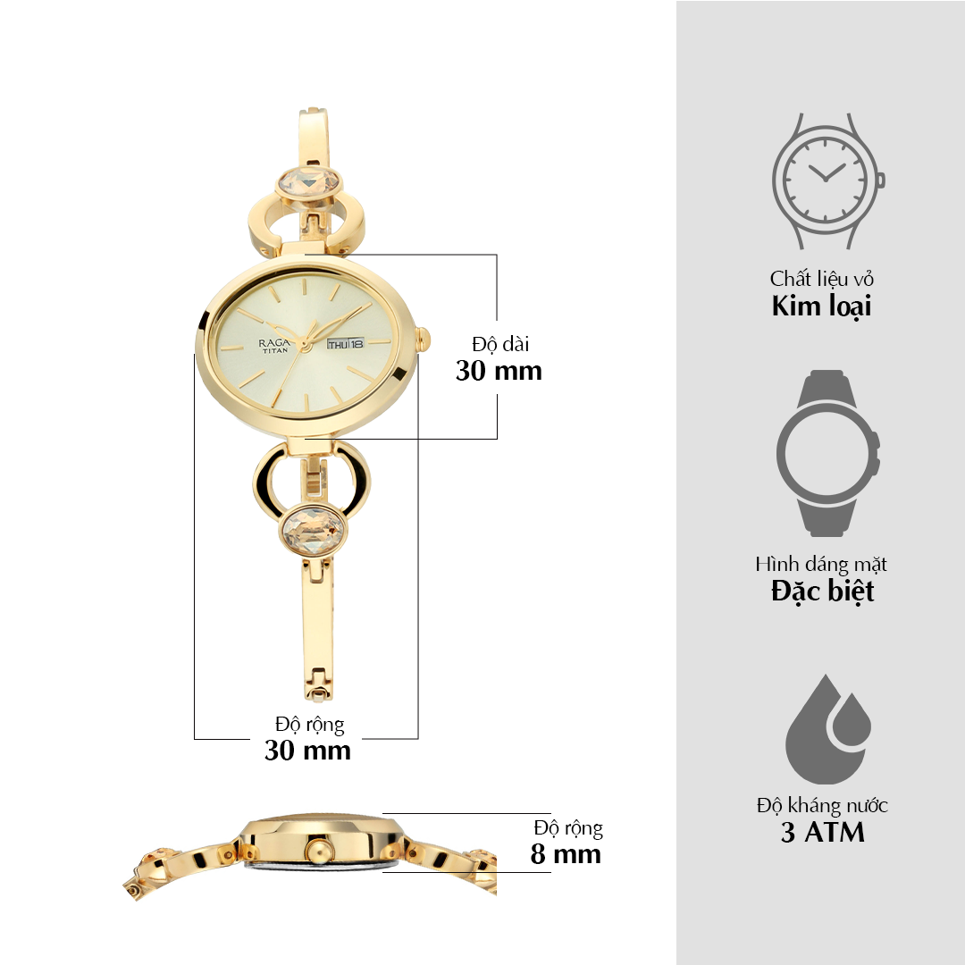 Đồng hồ Titan Raga Viva Champagne Dial Analog với ngày và thứ Dây đeo kim loại dành cho nữ