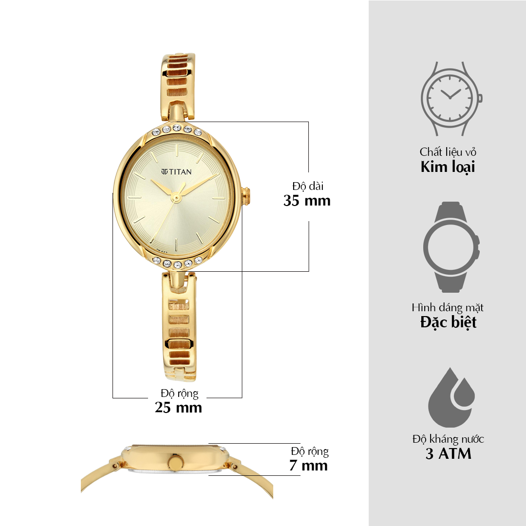 Đồng hồ Titan Quartz Analog mặt số vàng dây đeo kim loại dành cho nữ