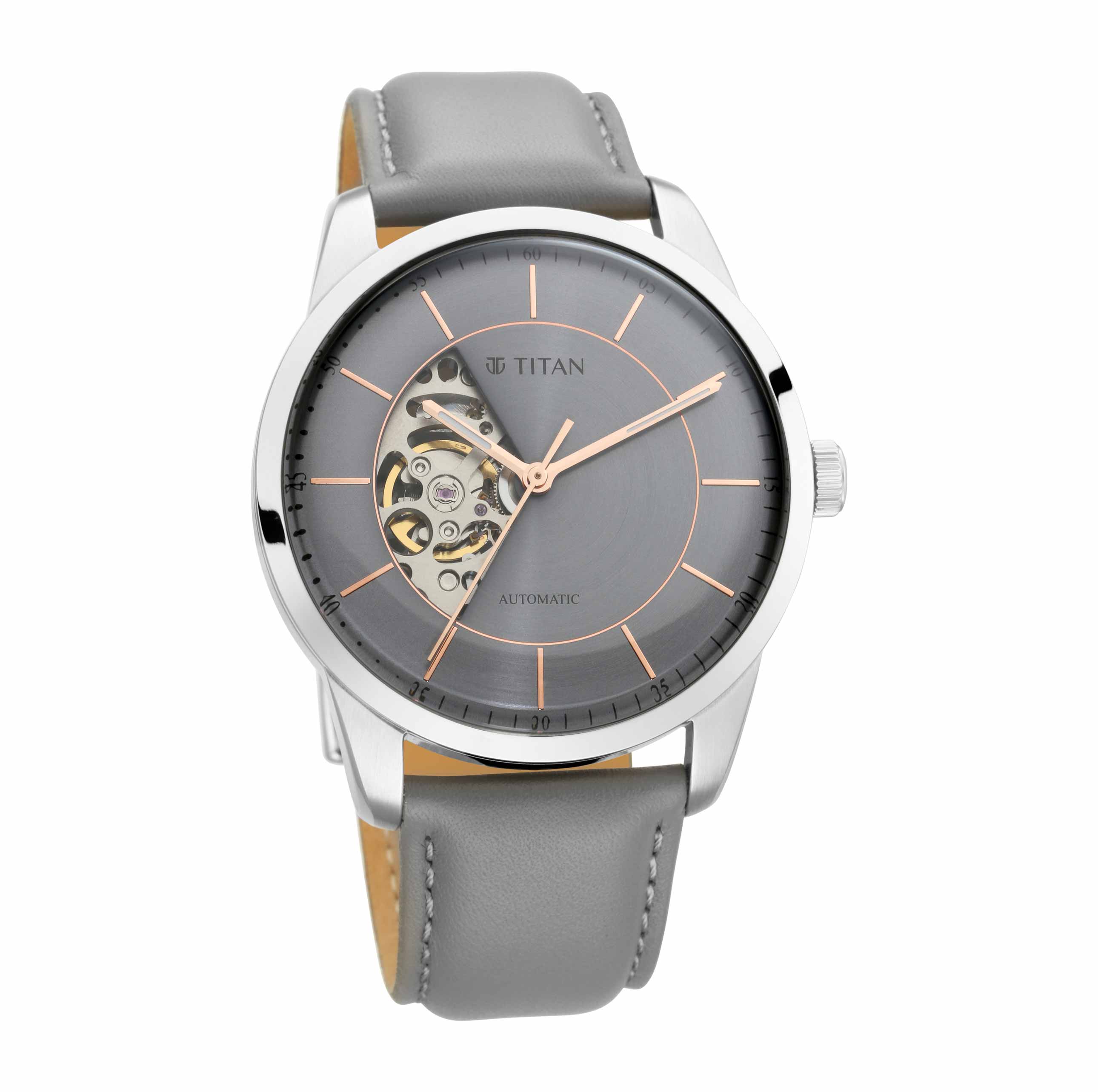 Titan Automatics Grey Dial Automatic Leather Strap Watch for Men