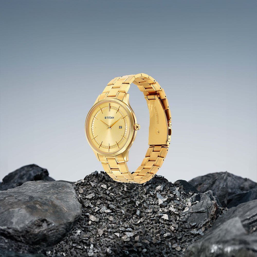 Titan Classique Slimline Champagne Dial Analog with Day and Date Stainless Steel Strap Watch for Men