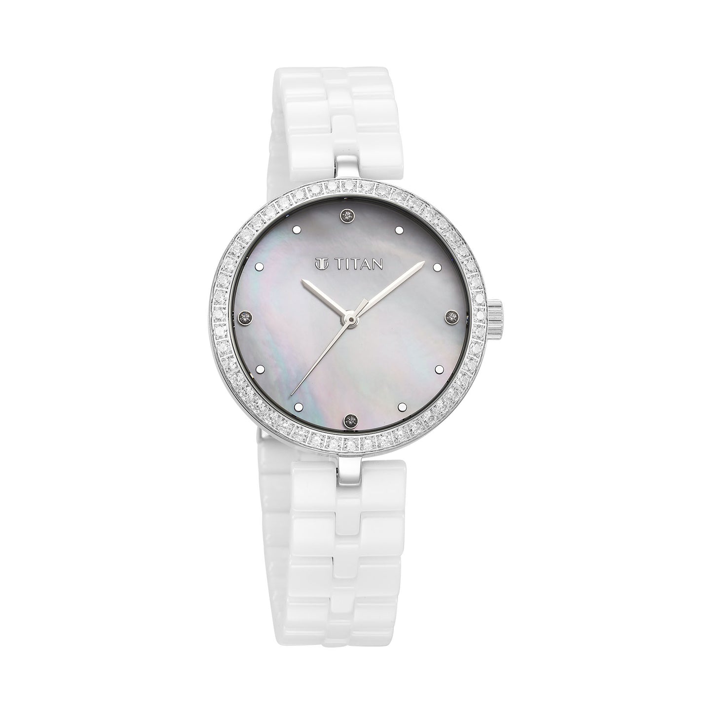Đồng hồ Titan Purple Ceramics Quartz Analog mặt số xà cừ dây đeo bằng gốm trắng dành cho nữ