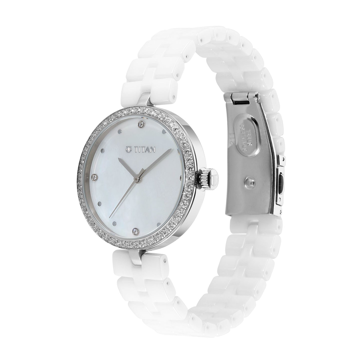 Đồng hồ Titan Purple Ceramics Quartz Analog mặt số xà cừ dây đeo bằng gốm trắng dành cho nữ
