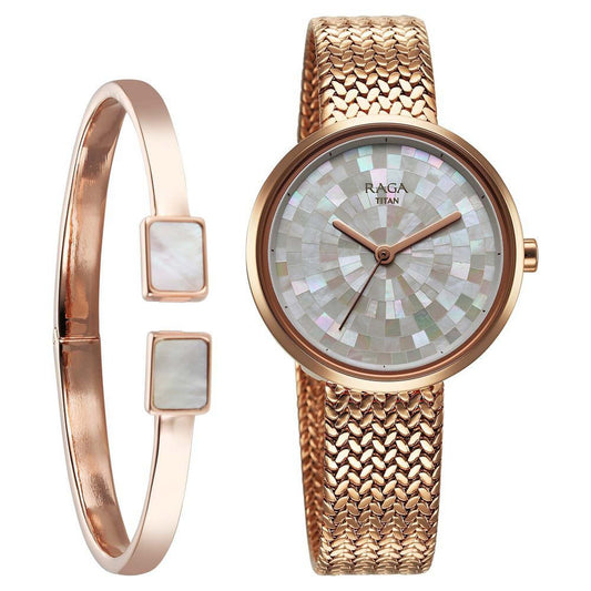 Titan Raga Memoirs Quartz Alog Mother Of Pearl Dial With Rose Gold Metal Strap Watch For Women (95253WM02)