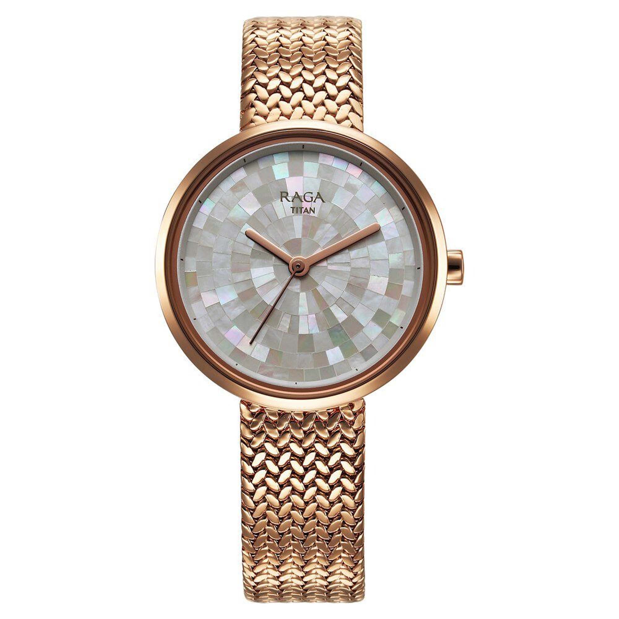 Titan Raga Memoirs Quartz Alog Mother Of Pearl Dial With Rose Gold Metal Strap Watch For Women (95253WM02)