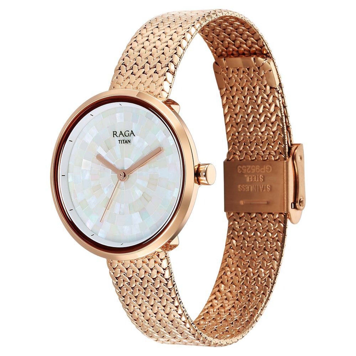 Titan Raga Memoirs Quartz Alog Mother Of Pearl Dial With Rose Gold Metal Strap Watch For Women (95253WM02)