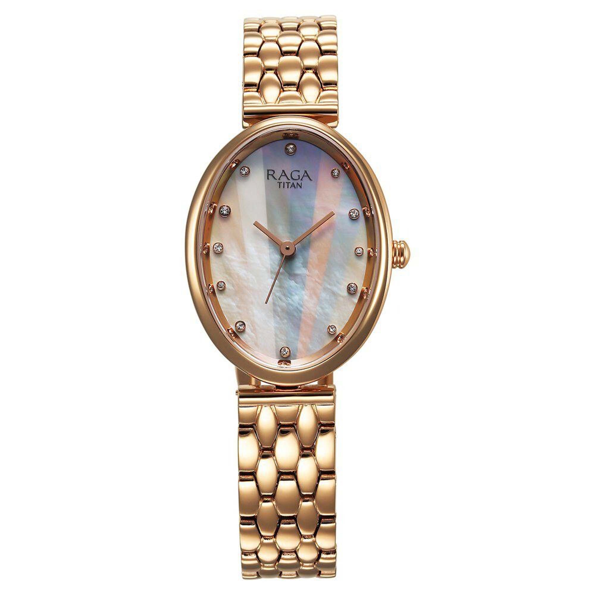 Titan Raga Memoirs Quartz Alog Mother Of Pearl Dial With Rose Gold Metal Strap Watch For Women (95258WM01)