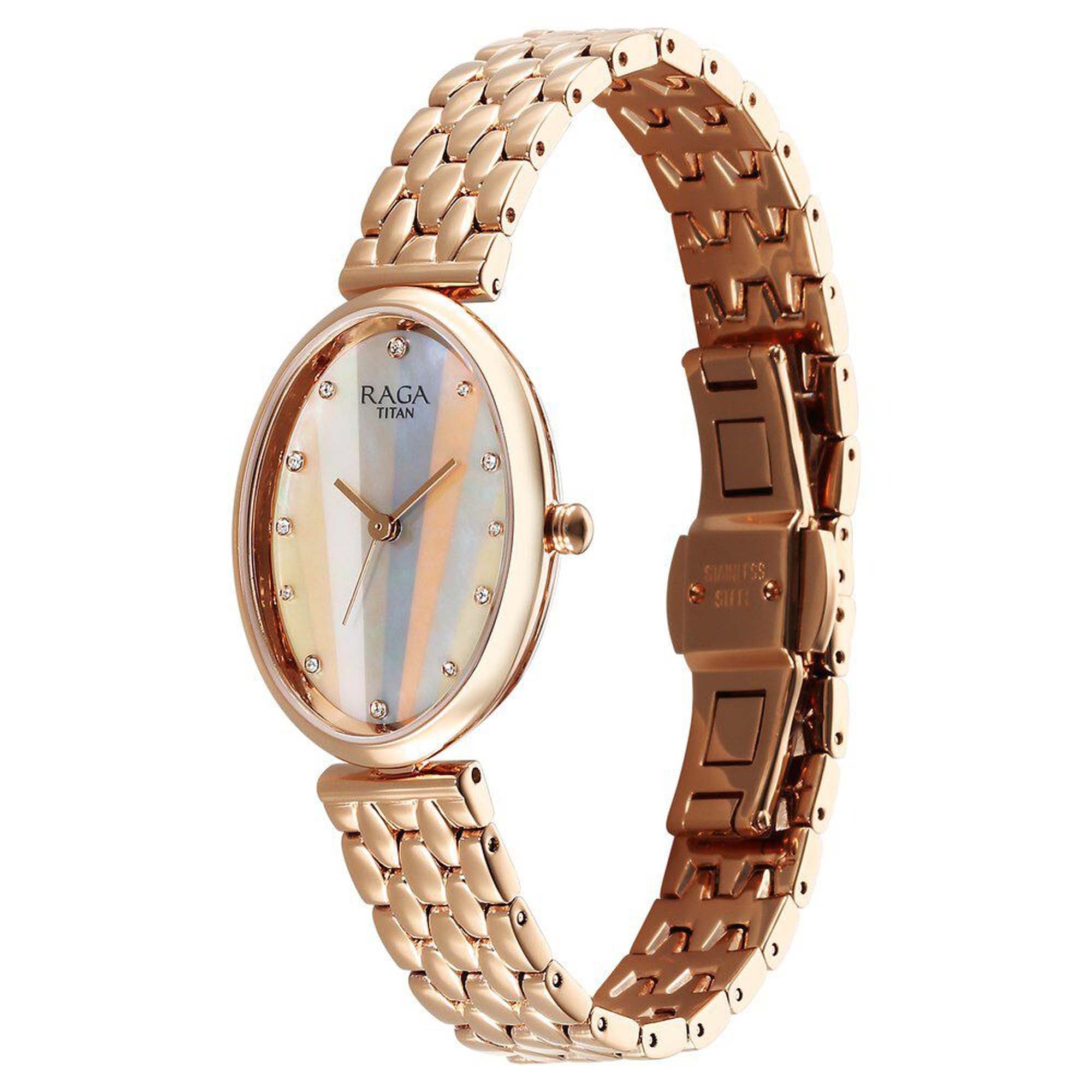 Titan Raga Memoirs Quartz Alog Mother Of Pearl Dial With Rose Gold Metal Strap Watch For Women (95258WM01)