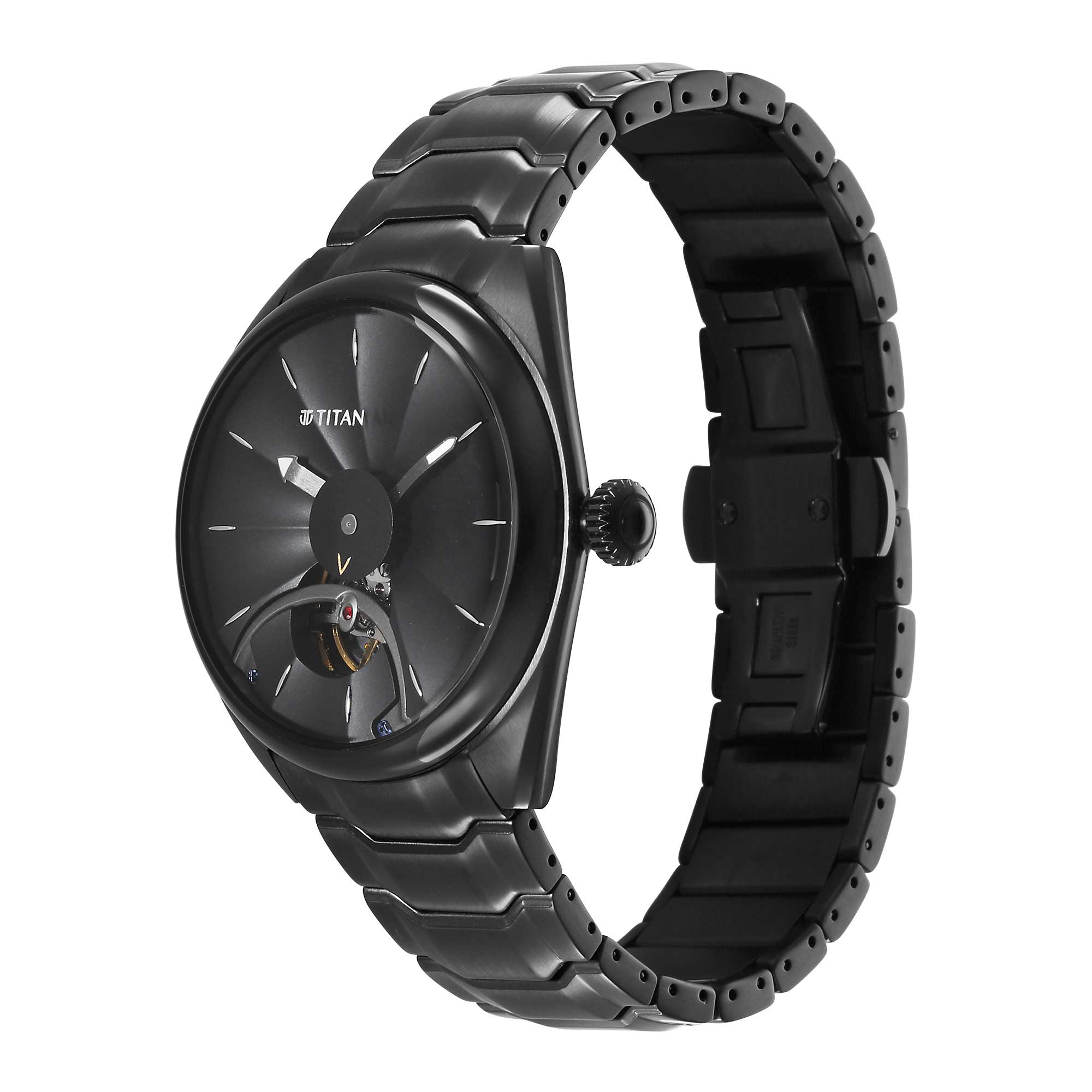 Đồng hồ Titan Stellar Automatic mặt đen dây đeo bằng thép không gỉ dành cho nam