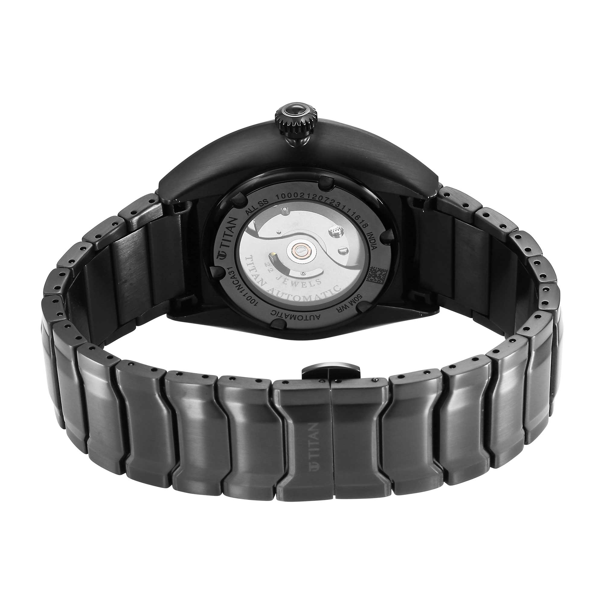 Đồng hồ Titan Stellar Automatic mặt đen dây đeo bằng thép không gỉ dành cho nam
