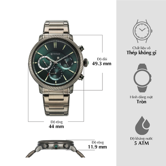 Đồng hồ Nam TITAN dây thép không gỉ Stellar mặt Xanh Lá 44 mm - 10012QM01