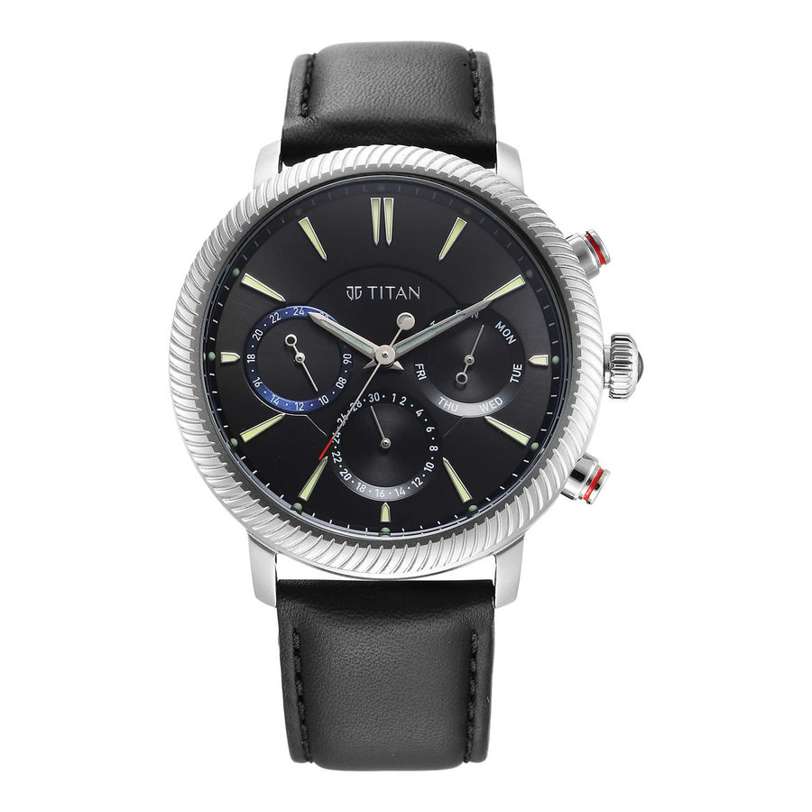 Titan Stellar Quartz Multifunction Black Dial Leather Strap Watch for Men