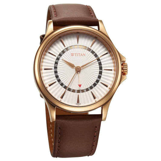 Titan Karishma Quartz Analog with Date Silver Dial Leather Strap Watch For Men