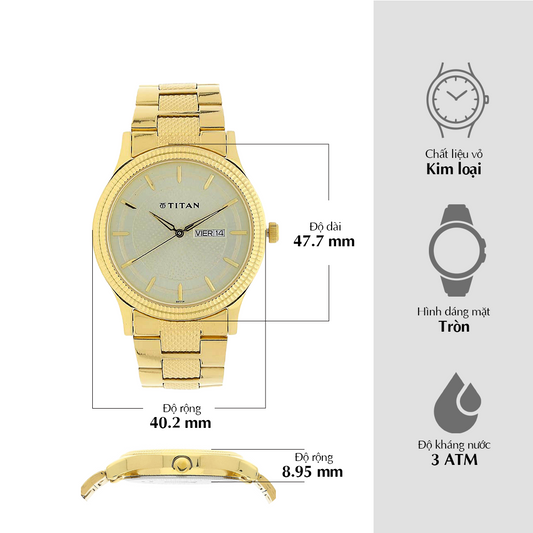 Đồng hồ Nam TITAN dây thép không gỉ Titan Champagne Dial Analog Watch for Men mặt Vàng 40 mm - 1650YM06