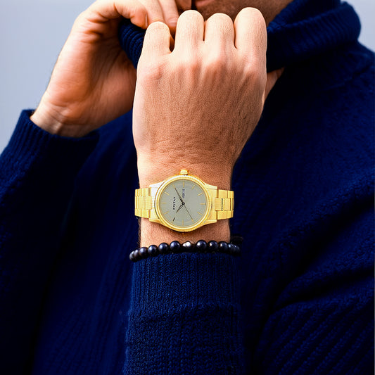 Đồng hồ Nam TITAN dây thép không gỉ Titan Champagne Dial Analog Watch for Men mặt Vàng 40 mm - 1650YM06