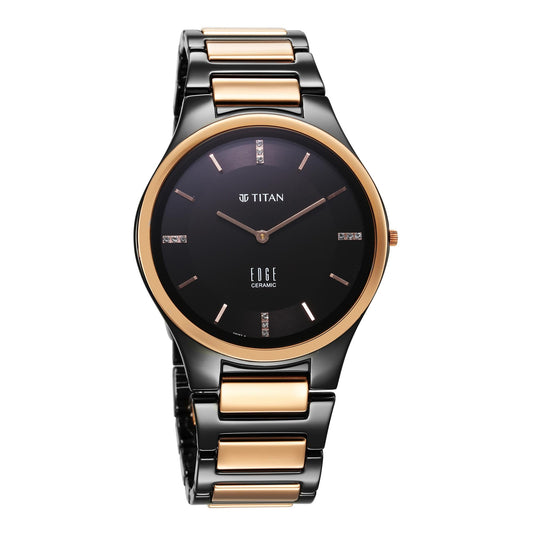 Titan Edge Ceramic Quartz in Midnight Gold with Diamonds and Black Dial Watch for Men