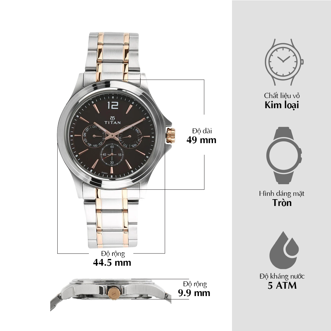 Đồng hồ Nam TITAN dây kim loại Gents Neo Royale màu Nâu 45 mm - 1698KM01