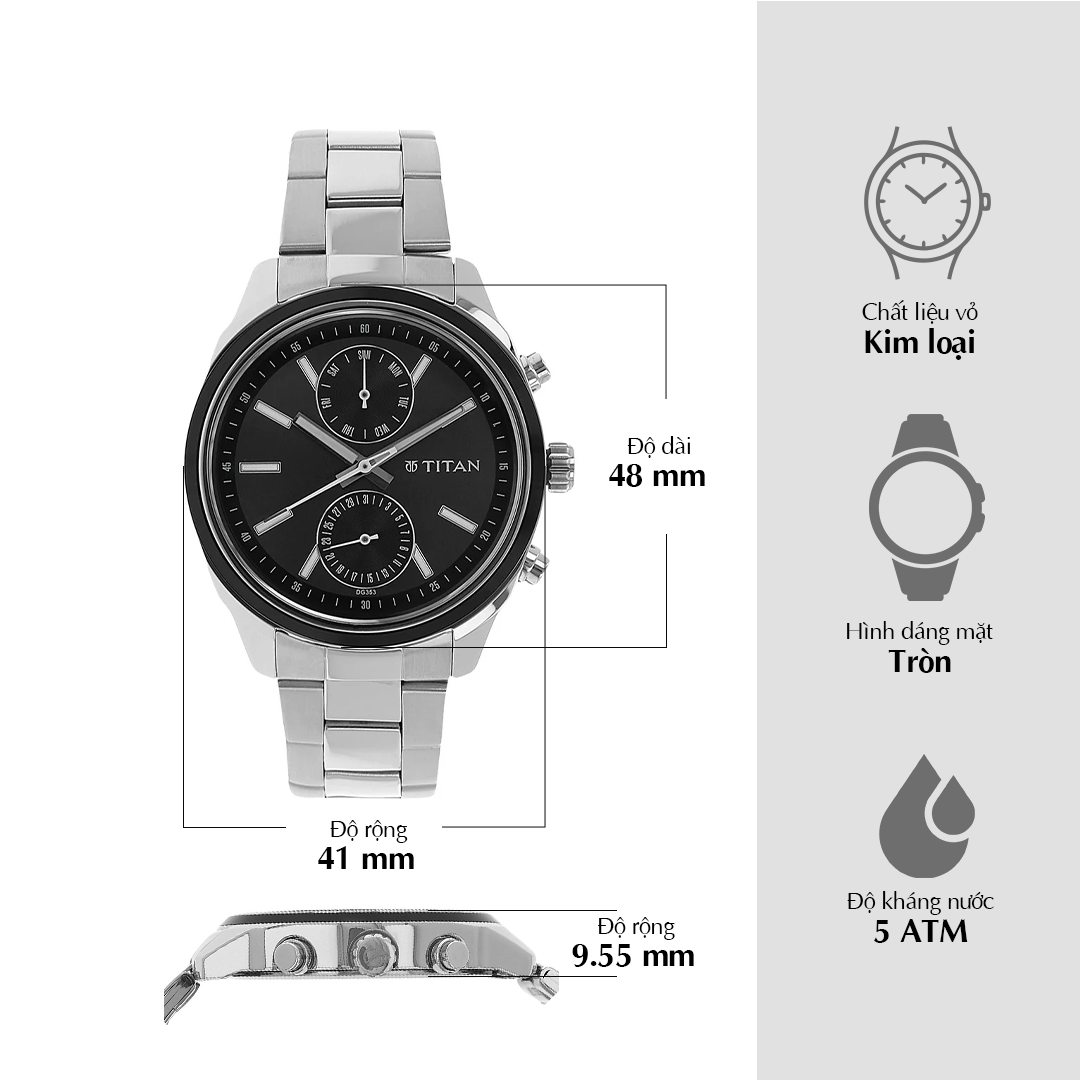 Titan Workwear Anthracite Dial Multi Stainless Steel Strap watch for Men