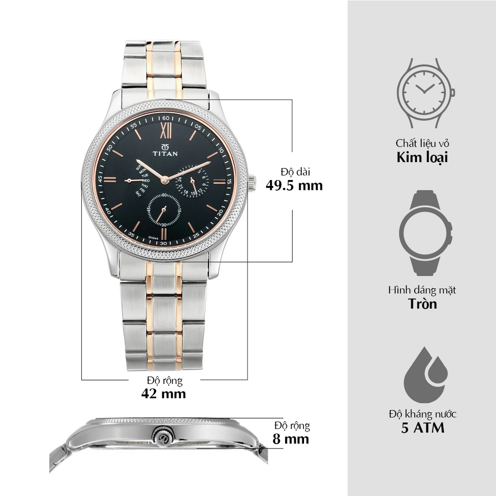 Đồng hồ Nam TITAN dây thép không gỉ Gents Neo III mặt Đen 42 mm - 1768KM01