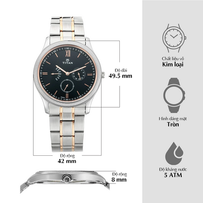 Đồng hồ Nam TITAN dây thép không gỉ Gents Neo III mặt Đen 42 mm - 1768KM01