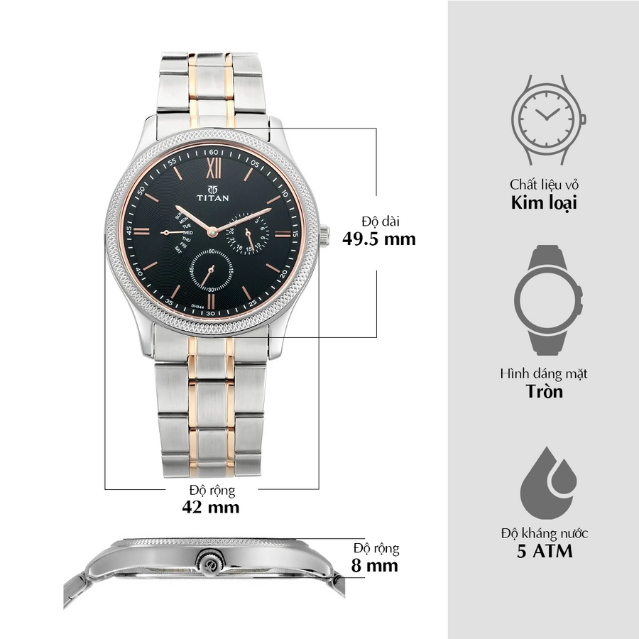 Đồng hồ Nam TITAN dây thép không gỉ Gents Neo III mặt Đen 42 mm - 1768KM01