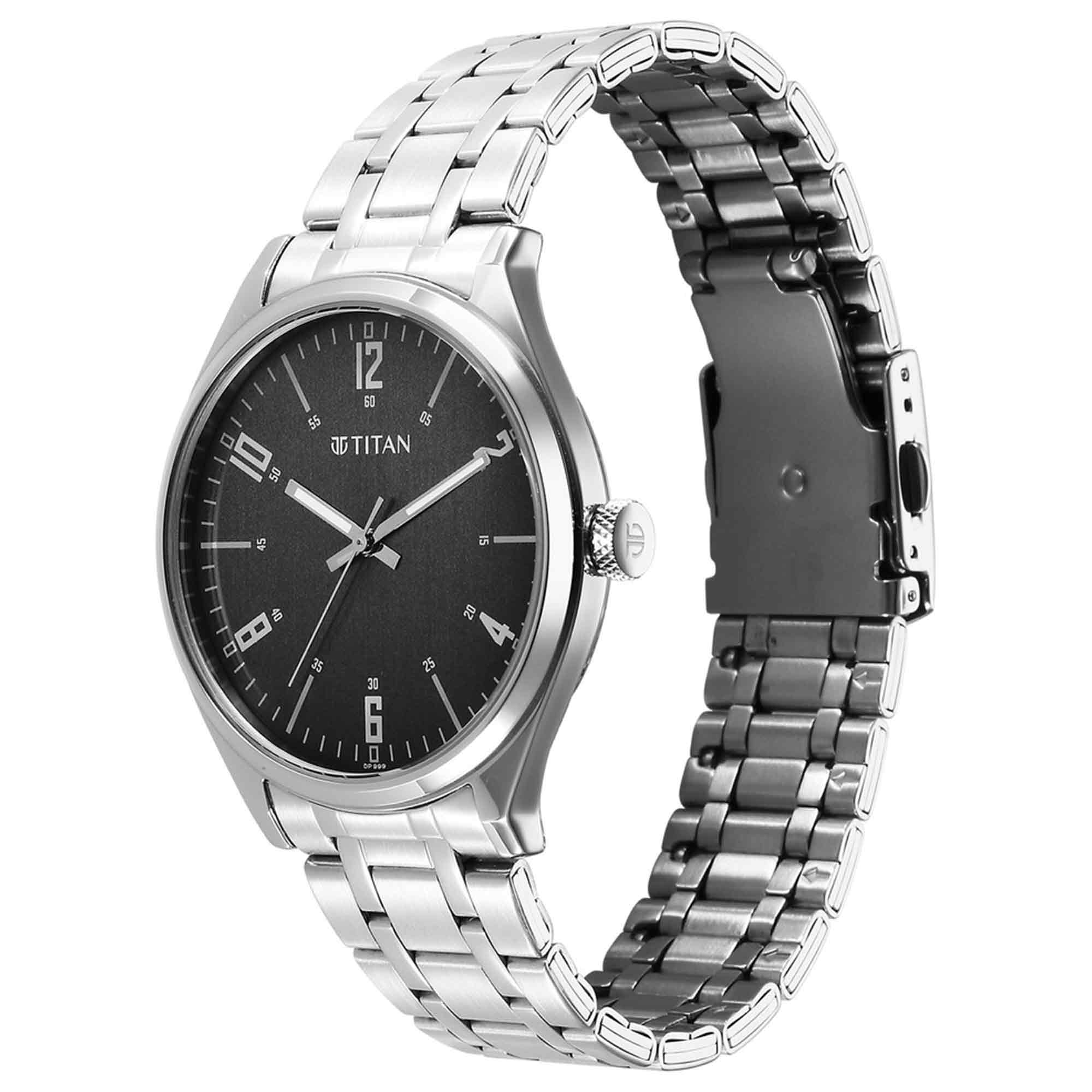 Đồng hồ Nam TITAN Titan Wrist Wit Quartz Analog Grey Dial Stainless Steel Strap Watch for Men dây thép không gỉ mặt màu đen - 1802SM10