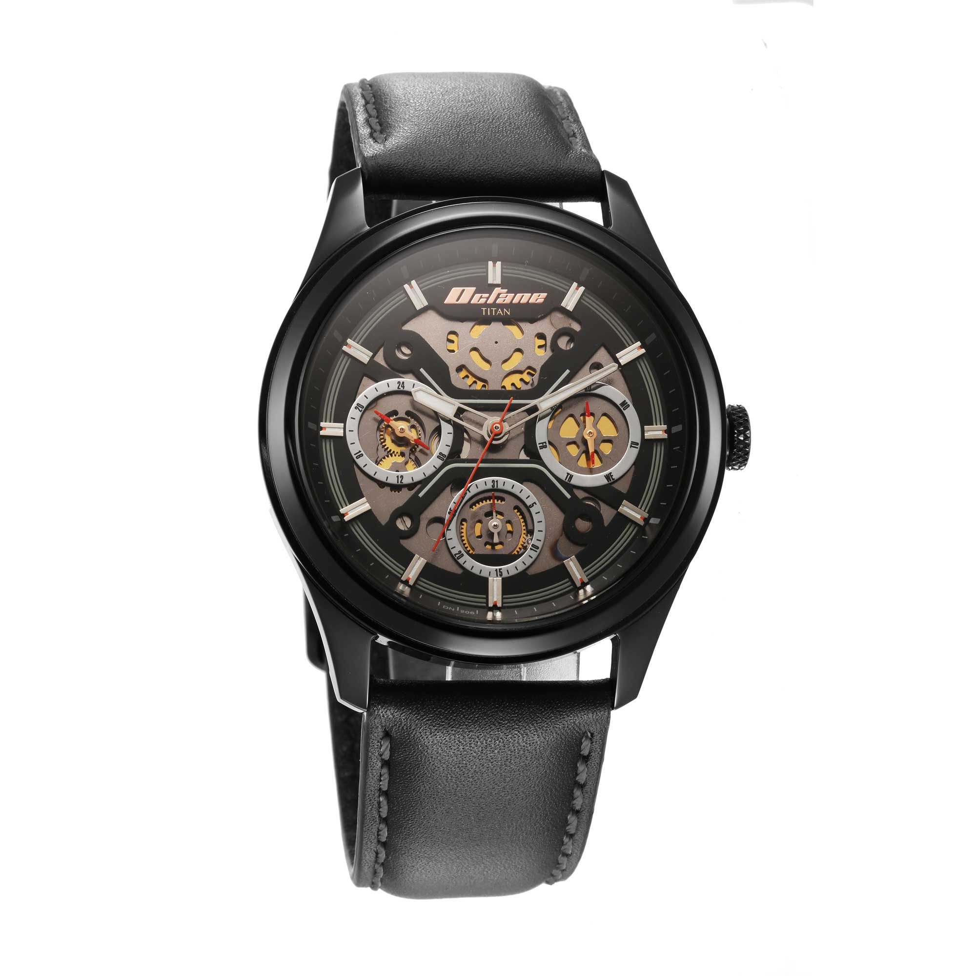 Đồng hồ Titan Octane Quartz đa chức năng mặt đen có dây đeo bằng da màu đen dành cho nam