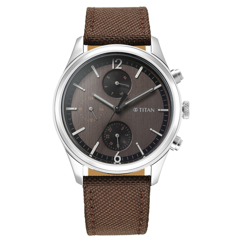 Đồng hồ Nam TITAN Titan Wrist Wit Quartz Analog with Day and Date Brown Dial Leather Strap Watch for Men dây da mặt màu đen - 1805SL12