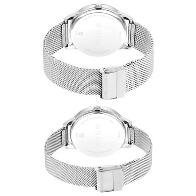 Titan Quartz Analog White Dial Stainless Steel Strap Watch for Couple