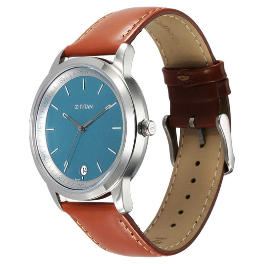 Titan Wrist Wit Quartz Analog with Date Blue Dial Leather Strap Watch for Men