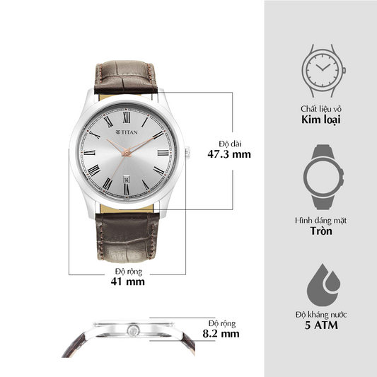 Đồng hồ Nam TITAN dây da Titan Trendsetters With Silver White Dial mặt màu Bạc 41 mm - 1823SL02