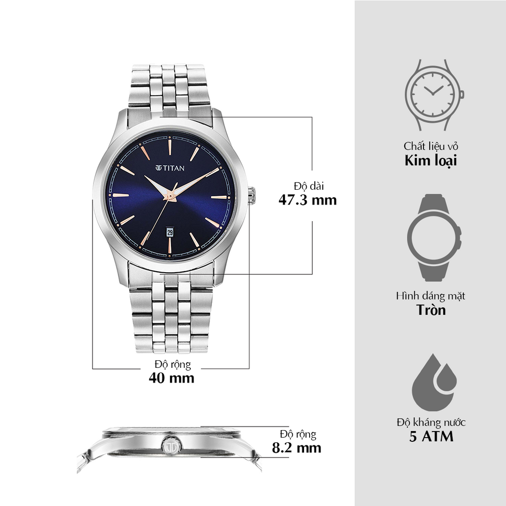 Đồng hồ Nam TITAN dây thép không gỉ Titan Trendsetters Blue Dial mặt màu Xanh 40 mm - 1823SM02