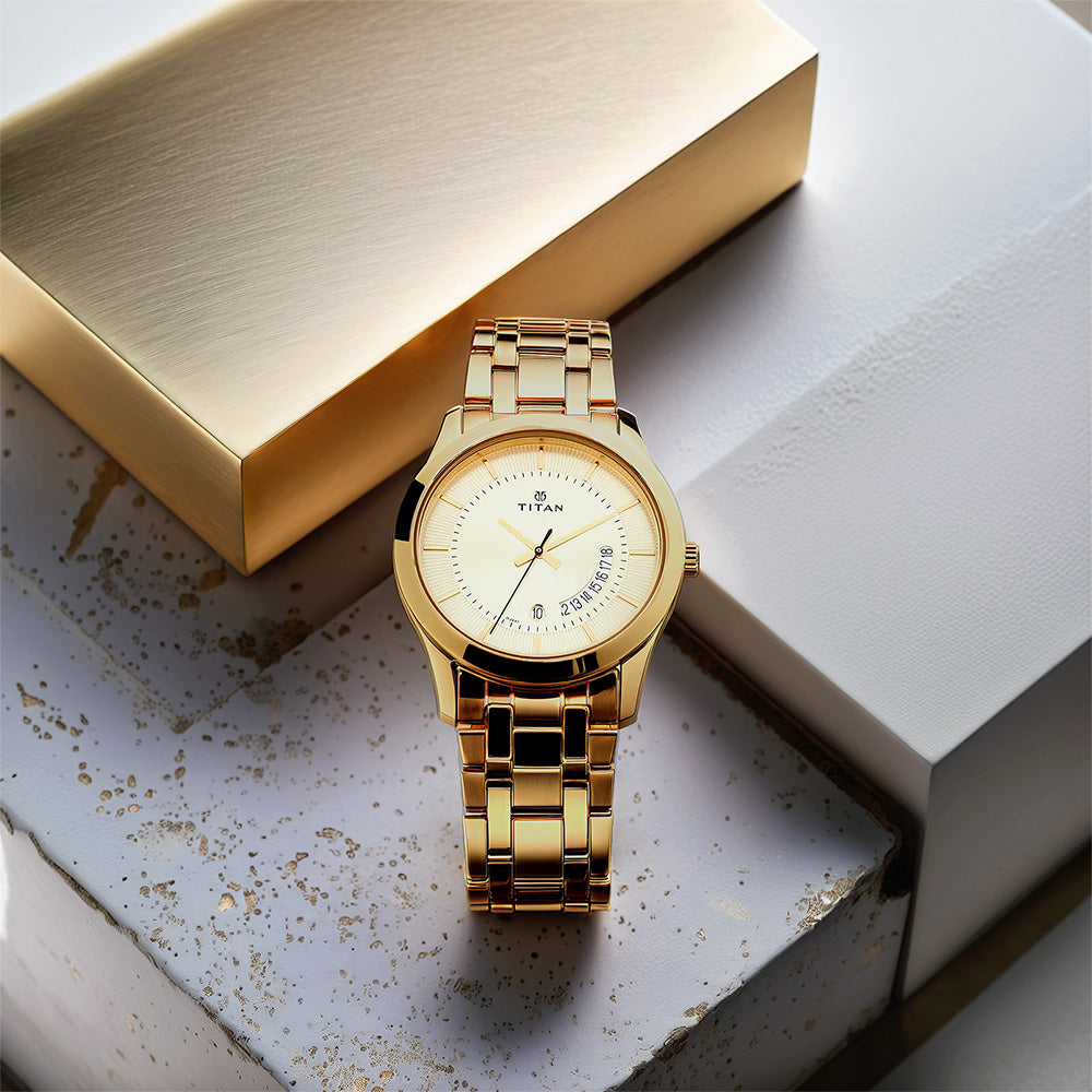 Titan Quartz Analog with Date Champagne Dial Stainless Steel Strap Watch for Men