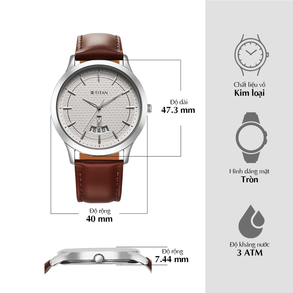 Đồng hồ Nam TITAN dây da N/A mặt màu Bạc 40 mm - 1825SL15