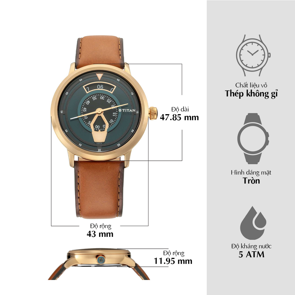 Đồng hồ Nam TITAN dây da Maritime mặt màu Xanh Lá 43 mm - 1828QL01