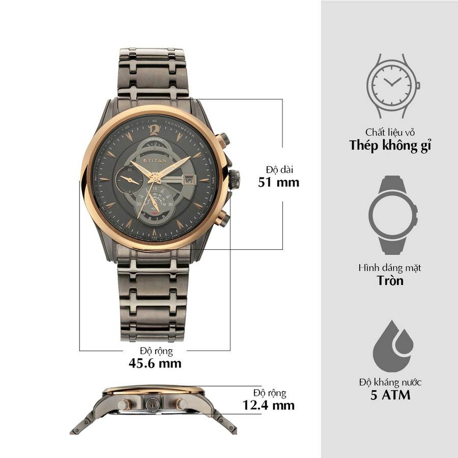 Đồng hồ Nam TITAN dây thép không gỉ Maritime mặt màu Đen 45 mm - 1830KM01