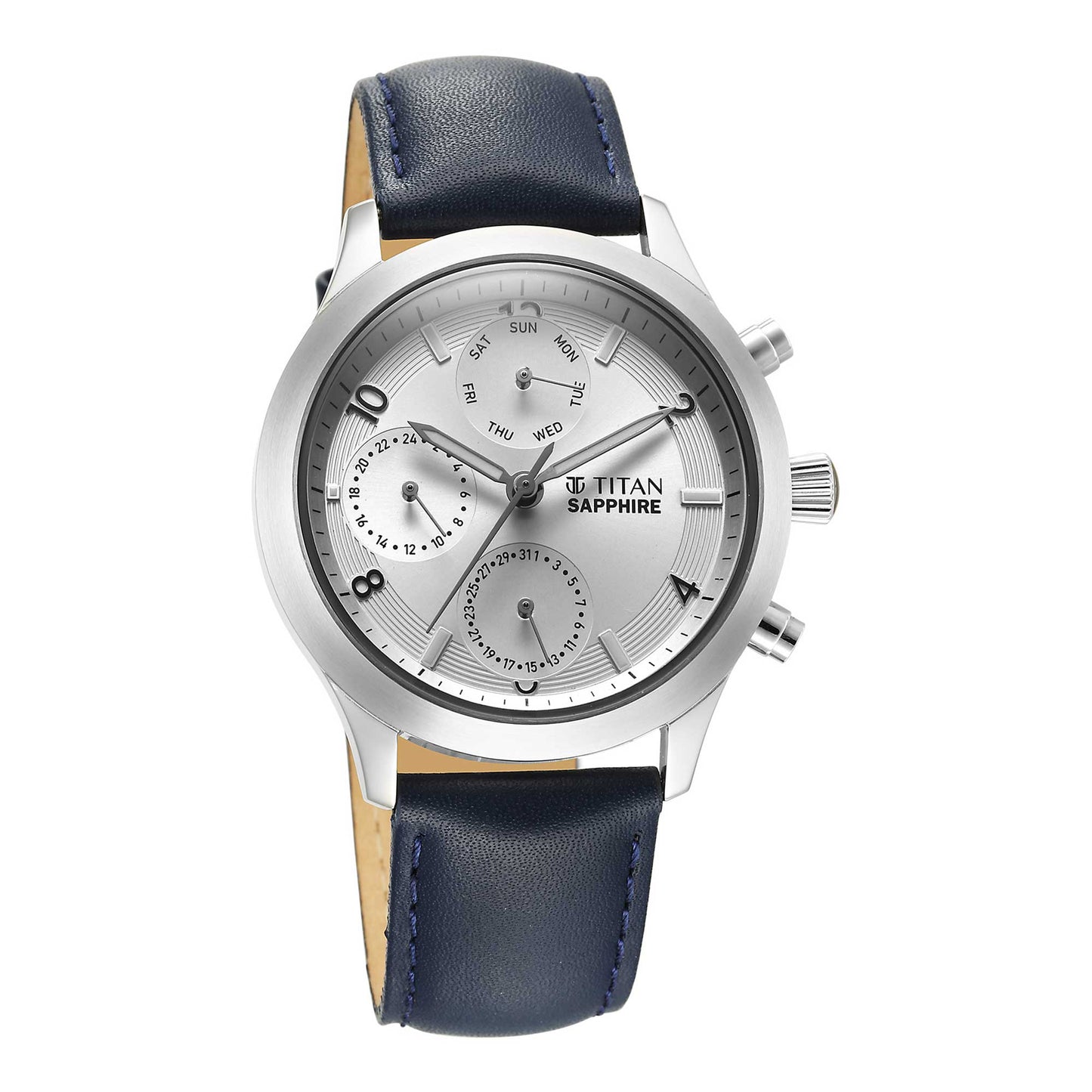 Titan Sapphire Quartz Multifunction Silver Dial Leather Strap Watch for Men