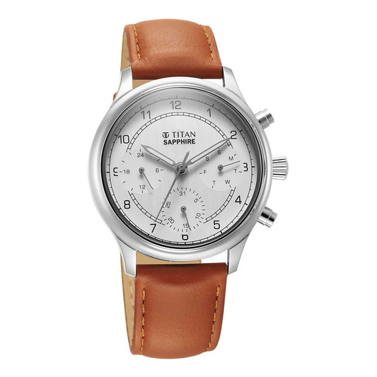 Titan Sapphire Quartz Multifunction White Dial Leather Strap Watch for Men