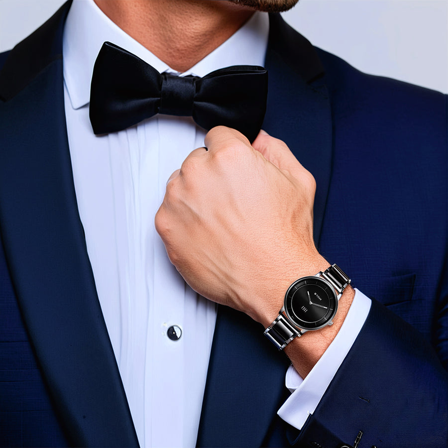 Đồng hồ Nam TITAN dây thép không gỉ & Ceramic Gents Edge mặt màu Đen 41mm - 1878KD01