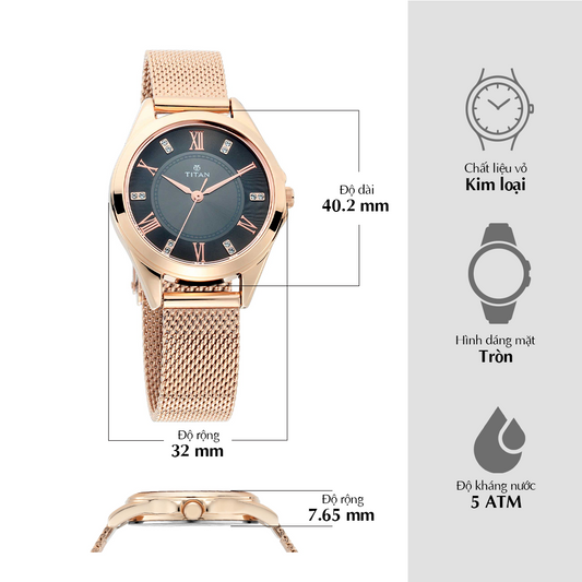 Đồng hồ Nữ TITAN dây thép không gỉ Titan Sparkle mặt màu Anthracite 32 mm - 2565WM01