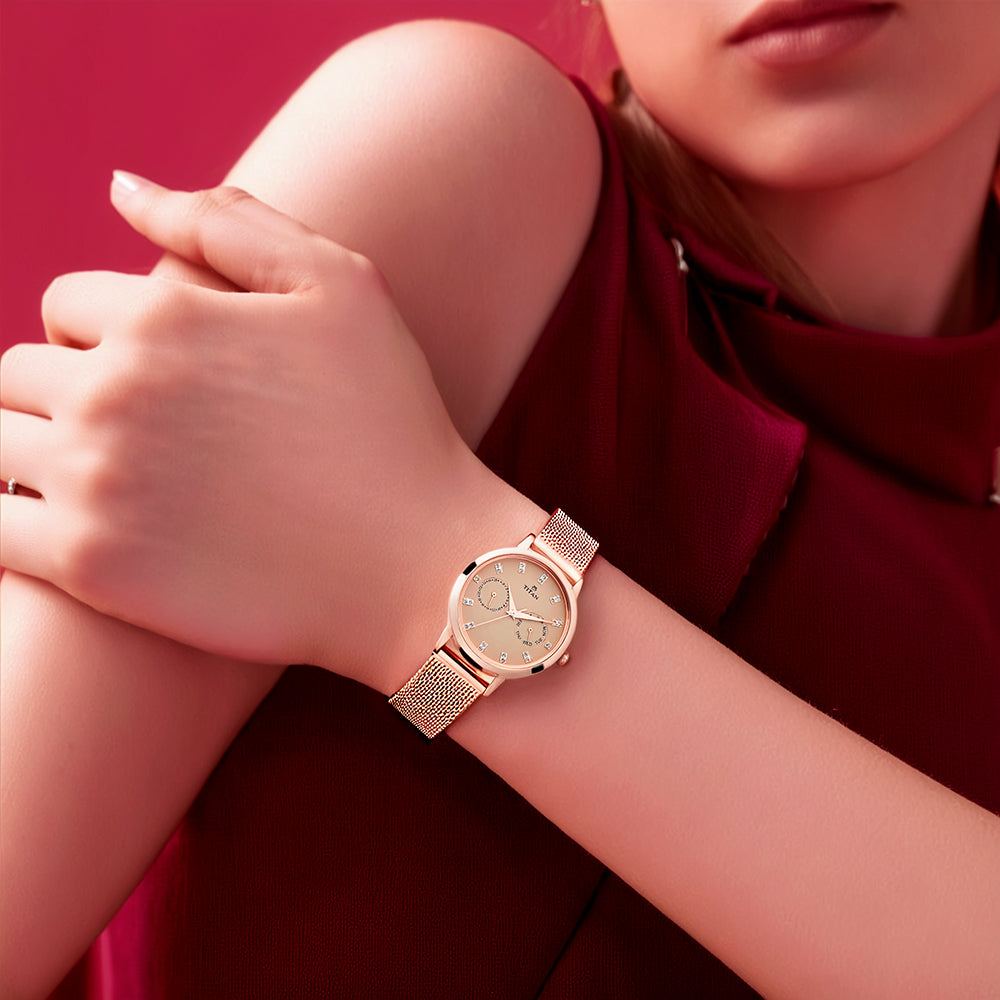 Đồng hồ Nữ TITAN dây thép không gỉ Ladies Fashion màu Be 34 mm - 2569WM04