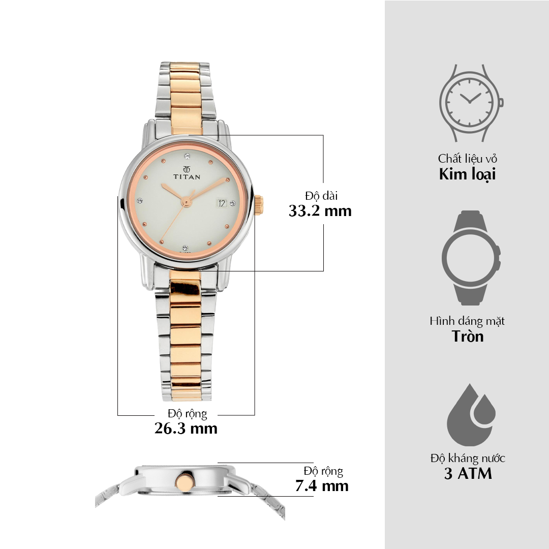 Đồng hồ Titan Quartz Analog có ngày, mặt số màu trắng, dây đeo bằng thép không gỉ dành cho nữ
