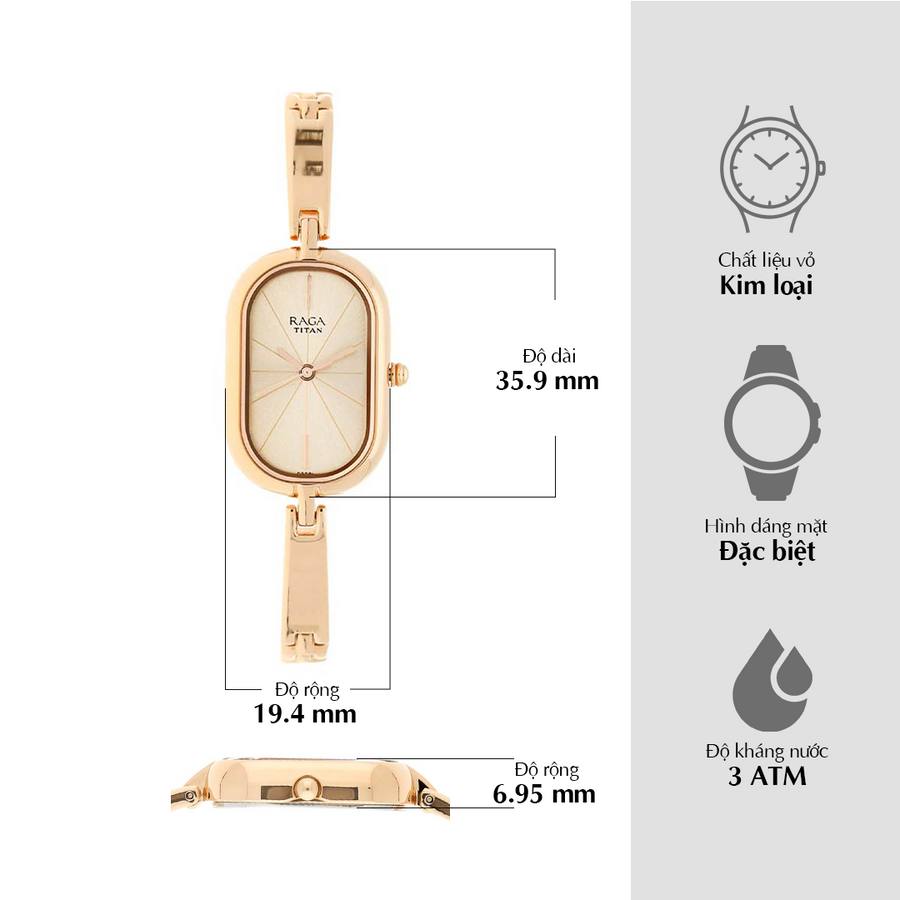Đồng hồ Nữ TITAN dây kim loại Raga Viva mặt màu Vàng Hồng 20 mm - 2577WM01