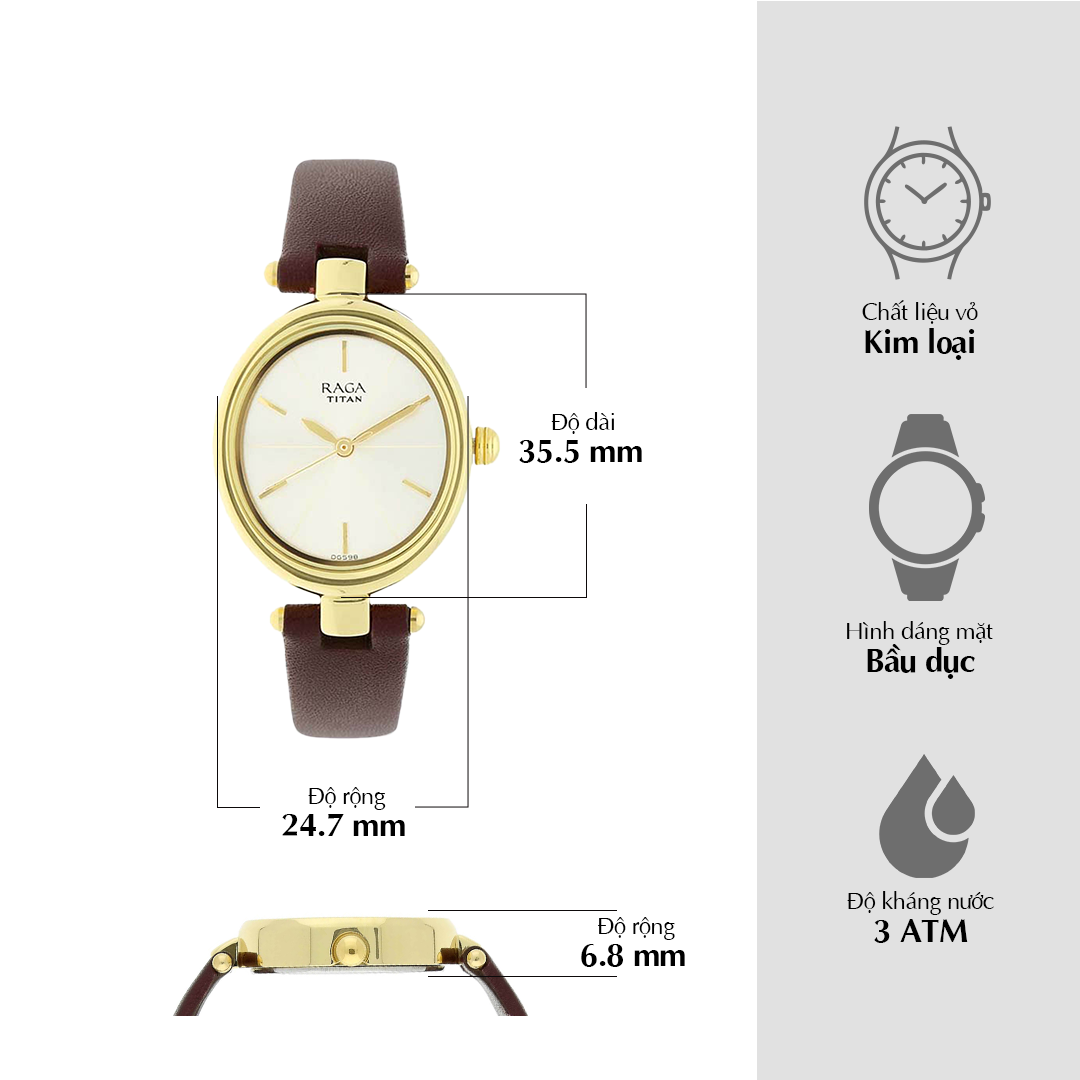 Đồng hồ Titan Raga Viva mặt số màu sâm panh dây da Analog dành cho nữ