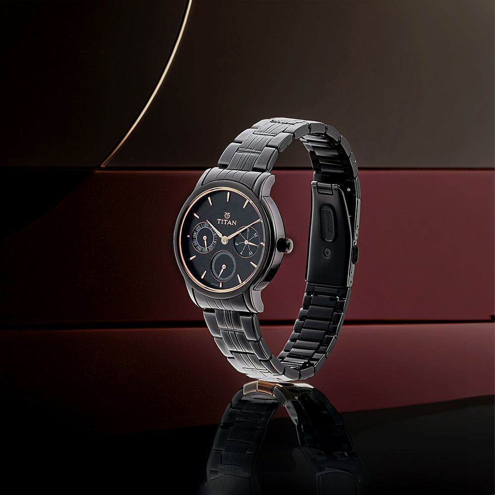 Titan Workwear Black Dial Women Watch With Stainless Steel Strap