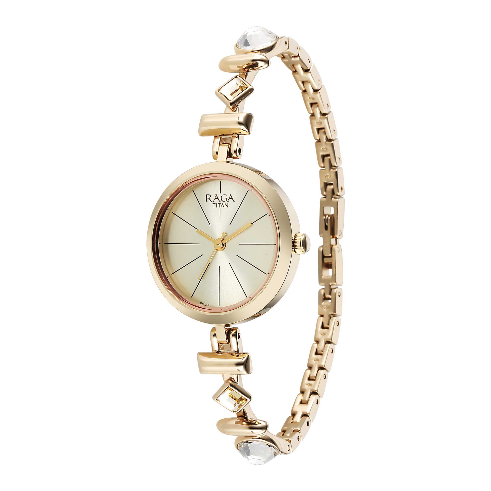 Đồng hồ đeo tay kim loại mặt số màu sâm panh Titan Raga Viva Quartz Analog dành cho nữ