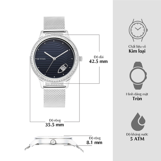 Đồng hồ Nữ TITAN dây thép không gỉ Wander mặt màu Xanh 35 mm - 2634SM02